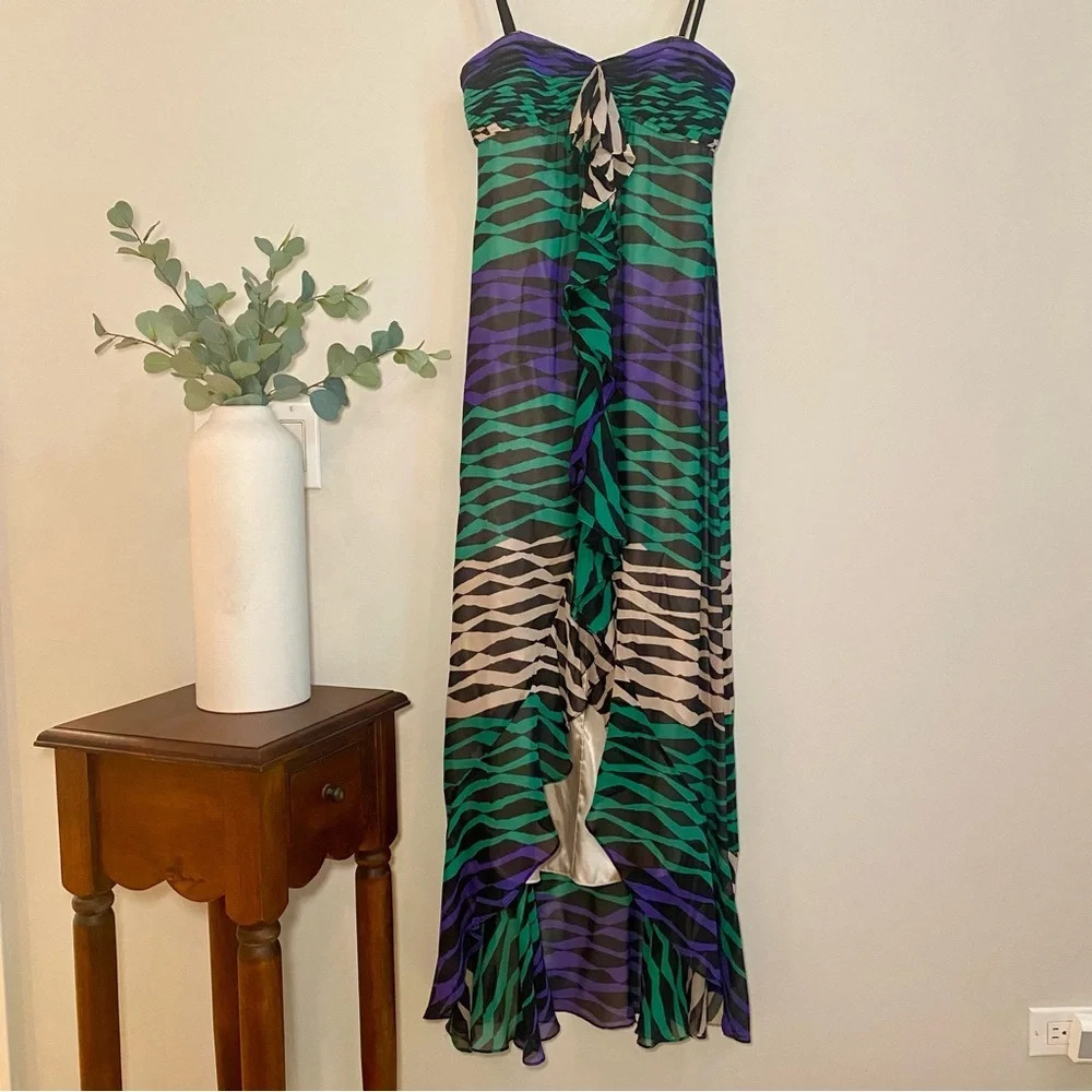 BCBGMaxAzria silk chiffon ruffle front strapless maxi dress with train size 0‎